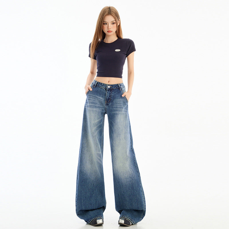 Retro Distressed Floor-Length Wide-Leg Jeans for Women