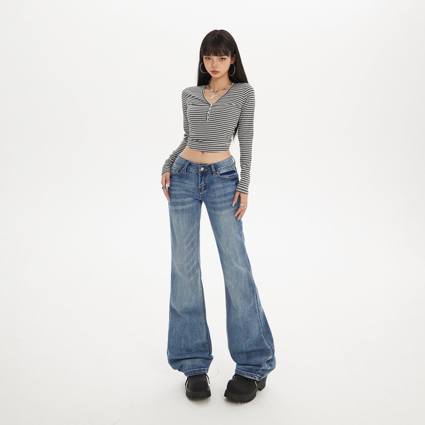 Women's Retro Blue Low Waist Denim Flare Pants
