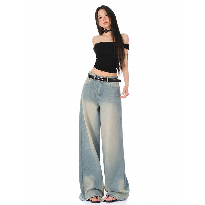 Tencel Wide-Leg Jeans for Women - Retro Vintage Loose Straight Denim Pants