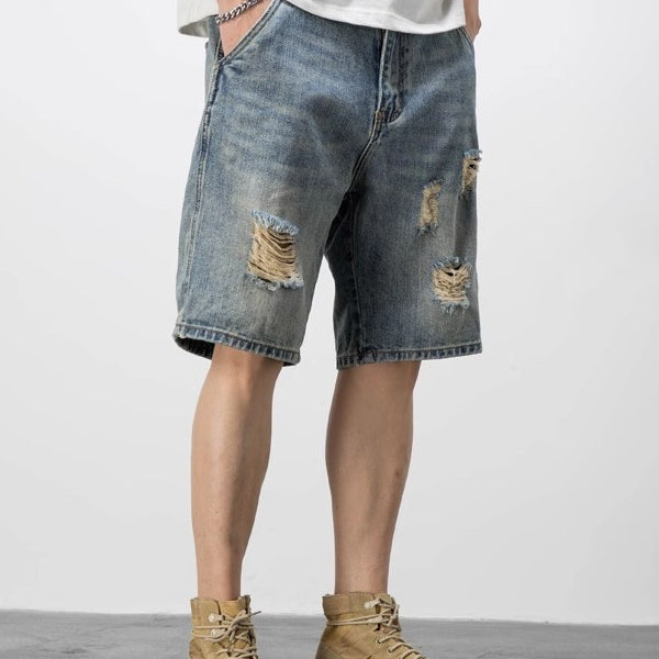 Men's Distressed Denim Shorts - Loose Fit Korean Style