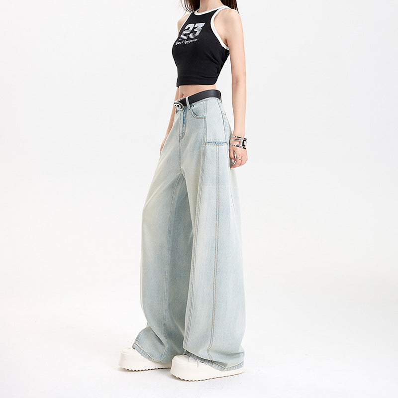 Light Color Tencel Wide-Leg Jeans for Women - High Waist Loose Straight Leg Patchwork Design