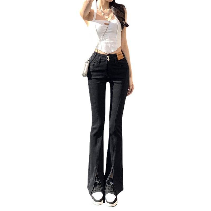 High Waist Straight Leg Tapered Double Buckle Flare Jeans