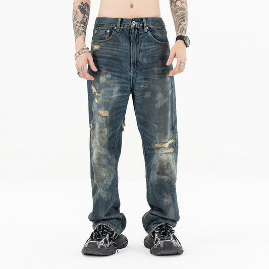 Men's Water-Washed Casual Straight Jeans with High-End Distressed Design