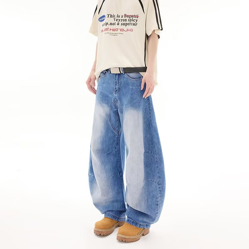 Retro Distressed Washed Denim Loose Straight Leg Pants