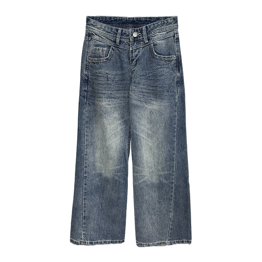 Double Waist Design Jeans Women's Flared Long Pants with Grab Pattern