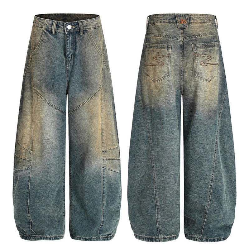Premium Washed Denim Jeans with Curved Edges and Old Silhouette