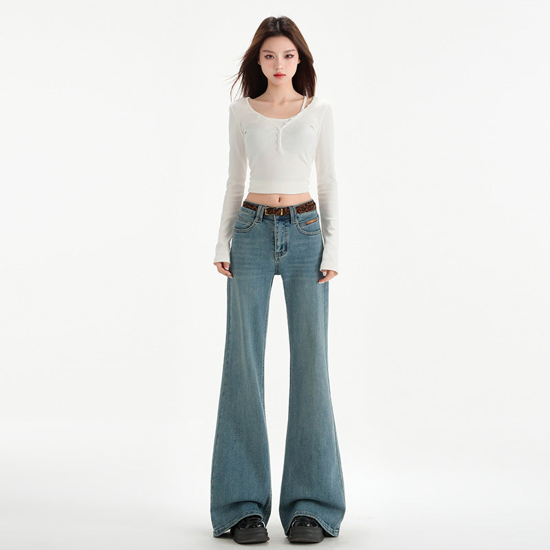 Retro Blue Non-tight Micro-flare Denim Pants for Women - Slimming Elegant Horseshoe Trousers