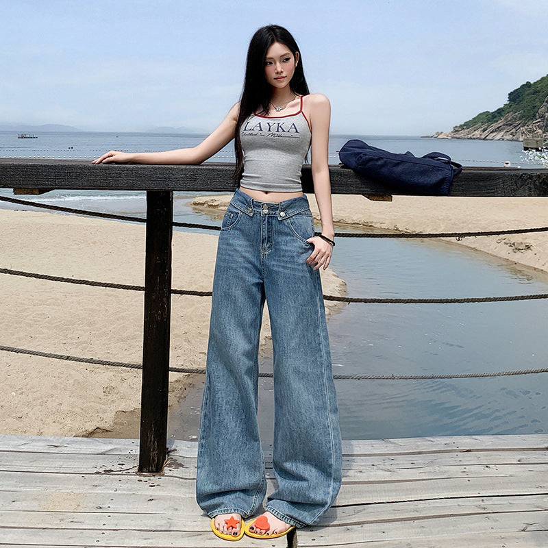 Women's Summer Slim Fit Straight Leg Jeans - Wide Leg Design