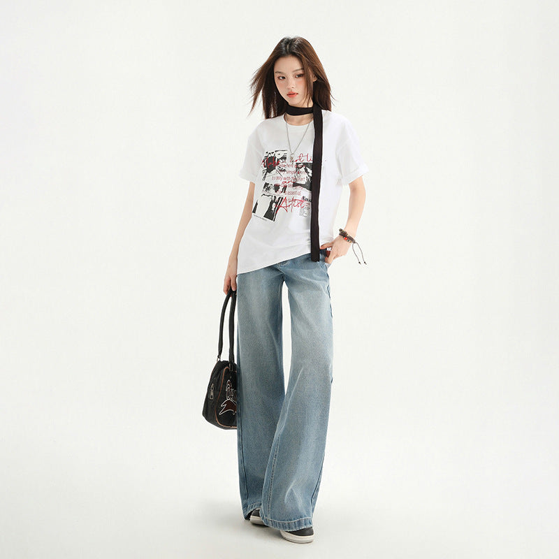 Women's Washed Draped High Waist Wide Leg Jeans