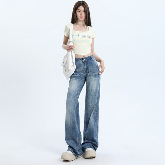 Women's Low Waist Flared Jeans with Cracked Design Long Pants