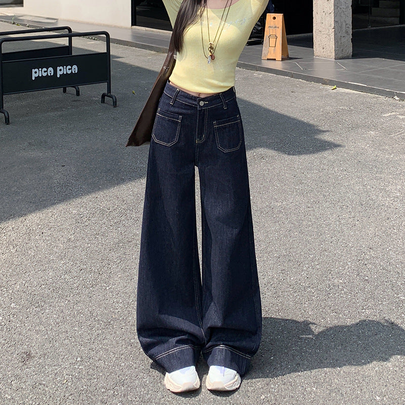 High-Waist Wide-Leg Denim Jeans for Women – Slimming Dark Blue Trousers