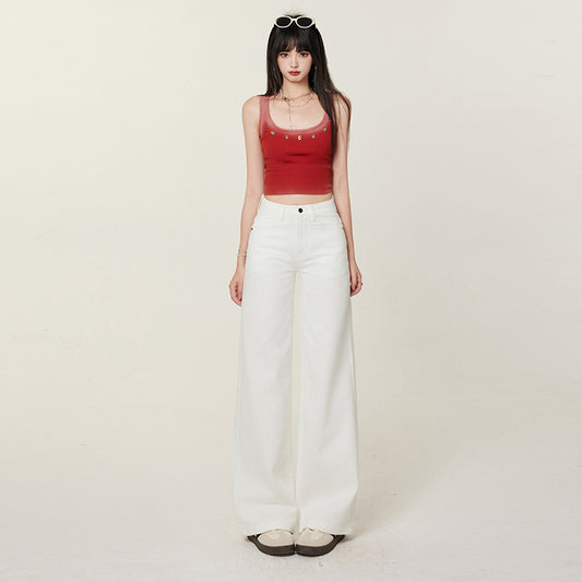 Women's White Denim Pants - Summer Casual Thin Slim Floor-Length Straight-Leg Trousers