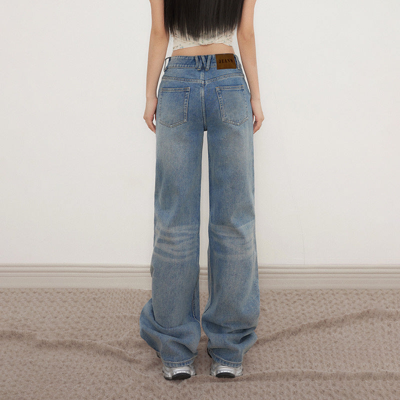 Retro Low-Waist Loose Straight Leg Jeans with Irregular Waist Design for Women