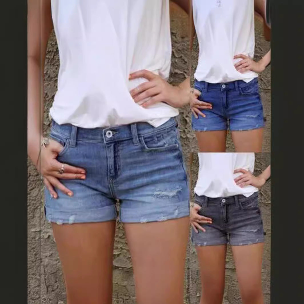 Stretch Slim Fit Ripped Tassel Denim Shorts for Women