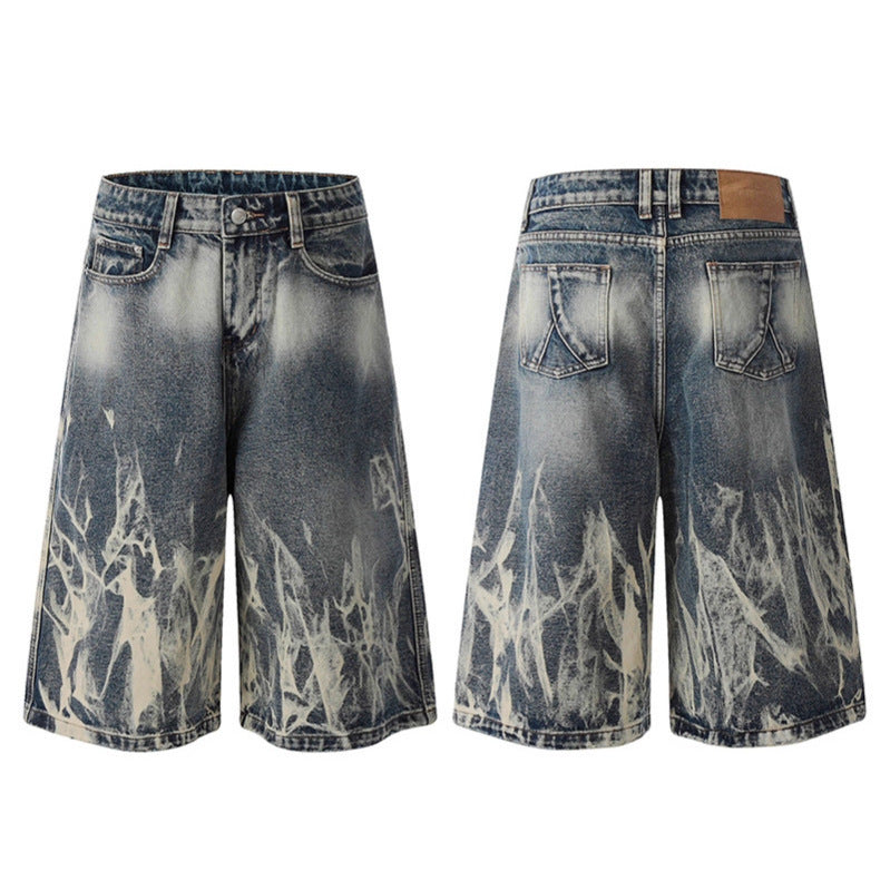 Lightning Patterned Denim Seven Quarter Shorts for Modern Street Style