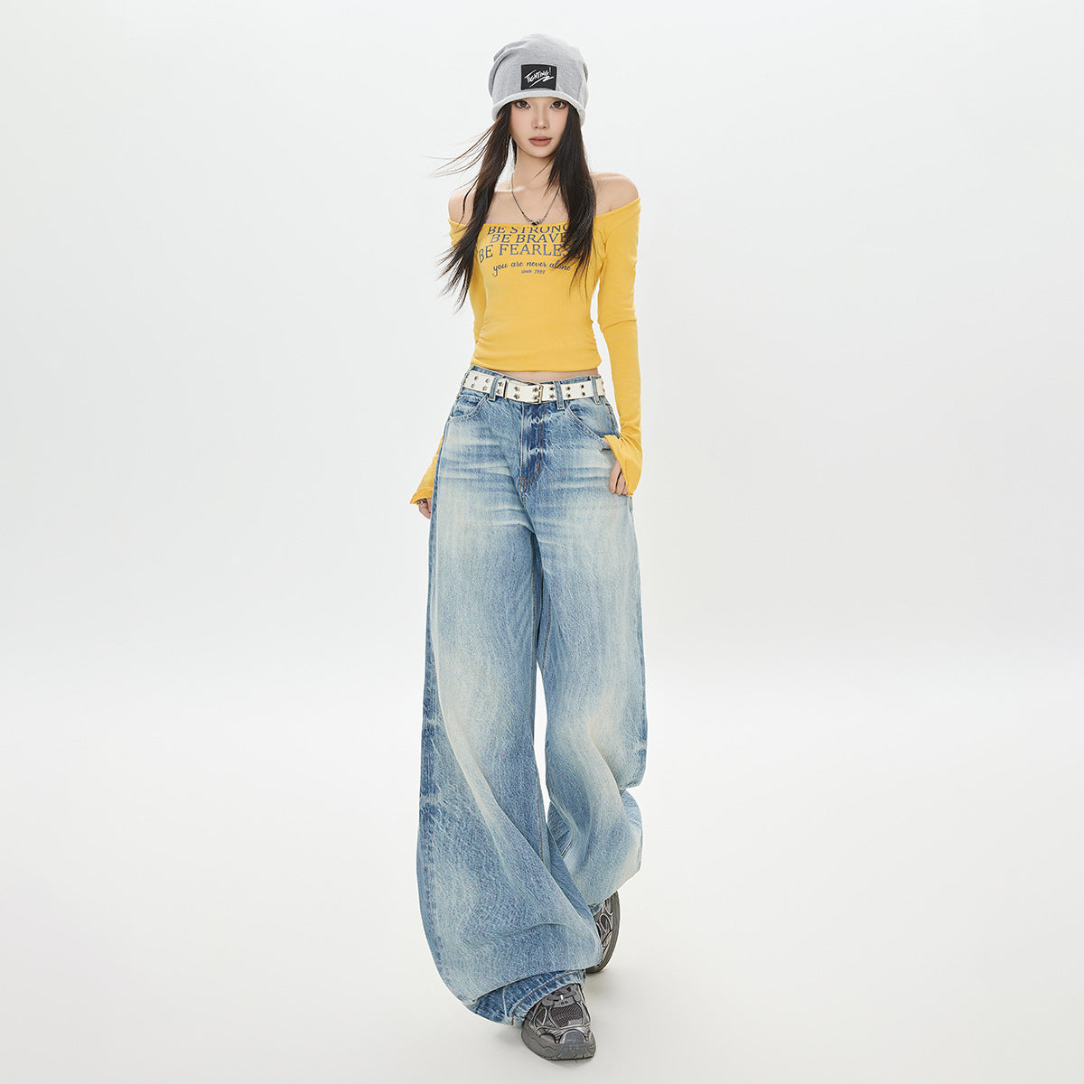 Washed Denim Pants for Women - Loose Fit, High Waist, Pleated Design