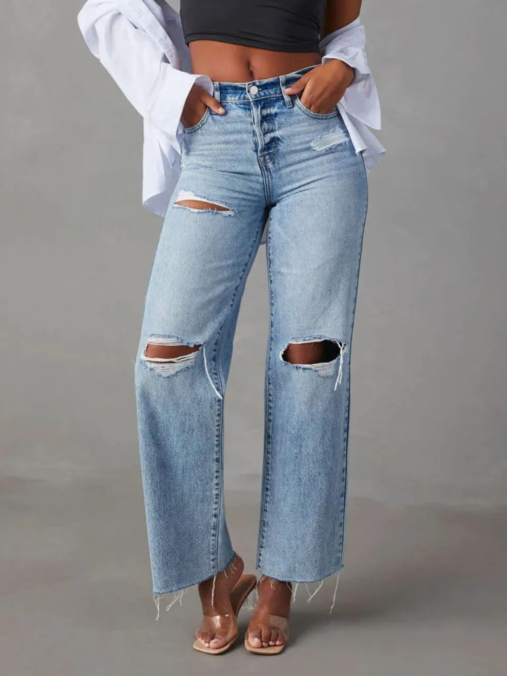 Premium Distressed Straight Leg Jeans with Pockets