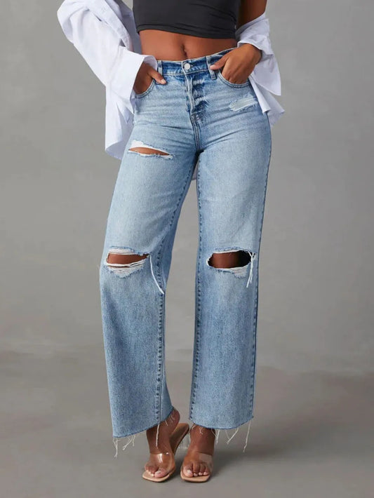Premium Distressed Straight Leg Jeans with Pockets