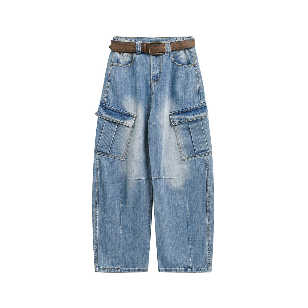 Multi-Pocket Loose Straight Leg Wide Leg Washed Cargo Denim Pants