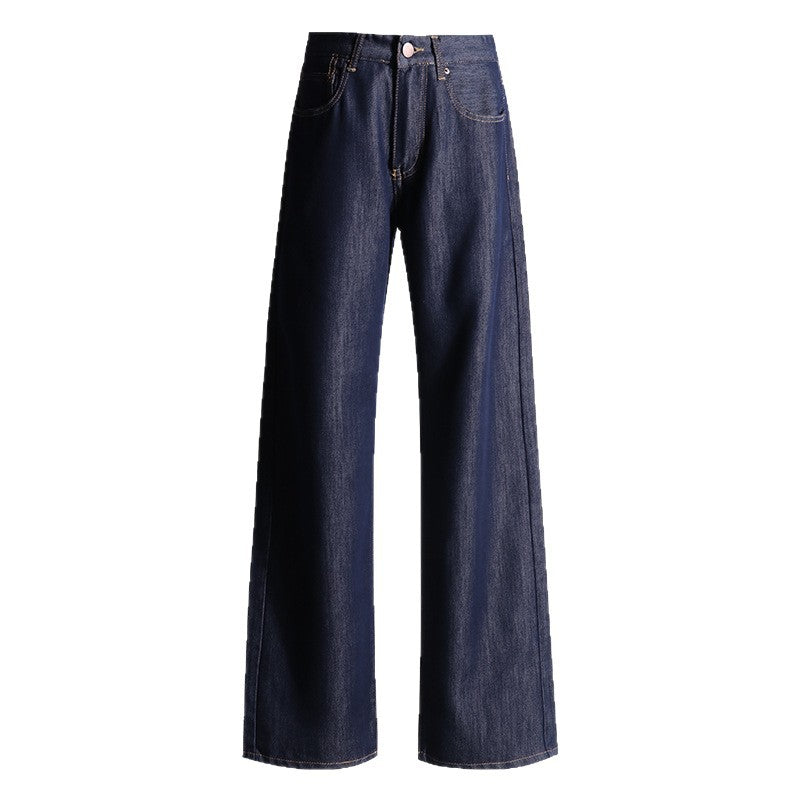Lyocell Tencel Dark Blue Wide Leg Jeans for Women - Low Waist Loose Slimming Drape Pants