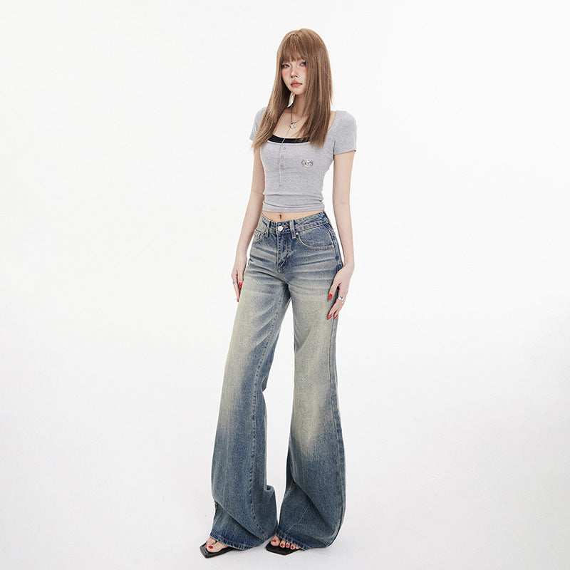 Women's Mid-Waist Spicy Girl Flare Jeans - Personality Micro Flare Denim Trousers