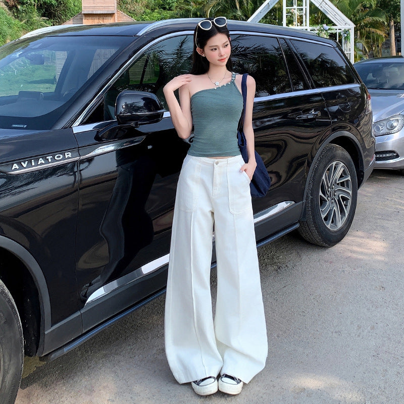 Women's Long Front Patch Pocket Design White Denim Pants Loose Wide Leg