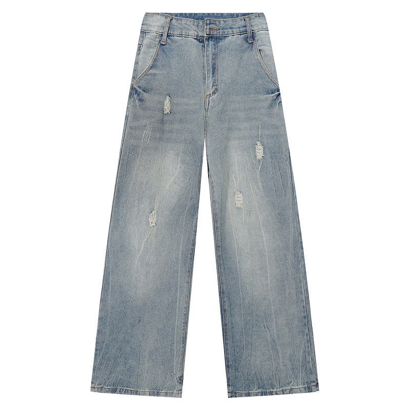 Vintage Distressed Wide-Leg Jeans - Unisex Loose Fit Straight Leg