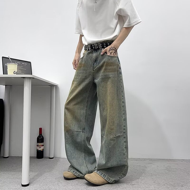 Vintage Distressed Dirty Blue Wide Leg Jeans - Premium Japanese Denim