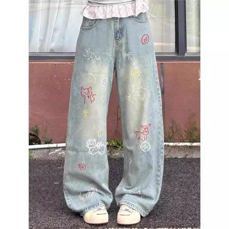 Style Embroidered Straight Leg Jeans for Women - Versatile High Waist Wide Leg Denim