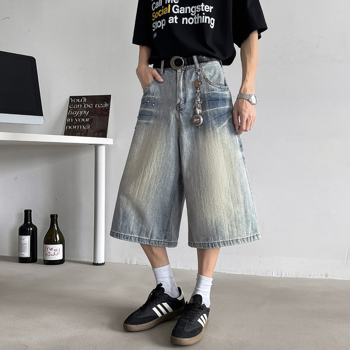 Retro Wide Leg Seven Quarter Denim Loose Casual Straight Leg Pants