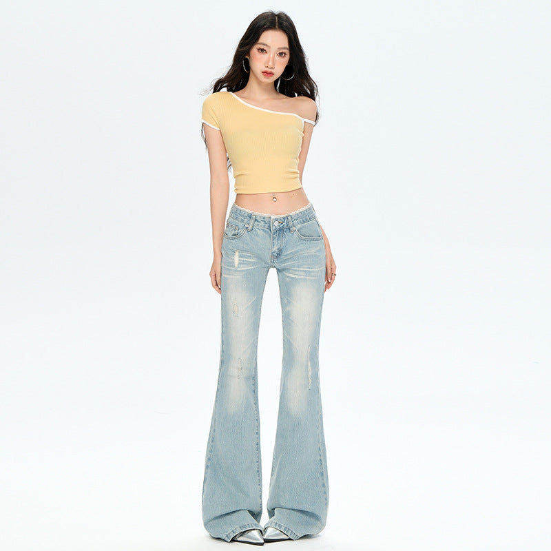Light Blue Lace Waist Denim Pants - Low Waist Slim Straight Leg Flare Trousers