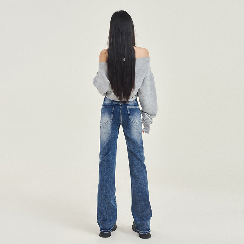 Women's Wide-Leg Denim Trousers with Fringe Craft - Low Waist Slim Floor-Length Pants