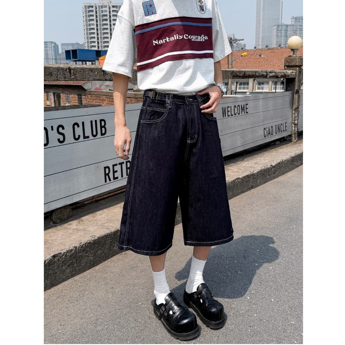 Wide Leg Denim Seven Quarter Straight Workwear Casual Shorts