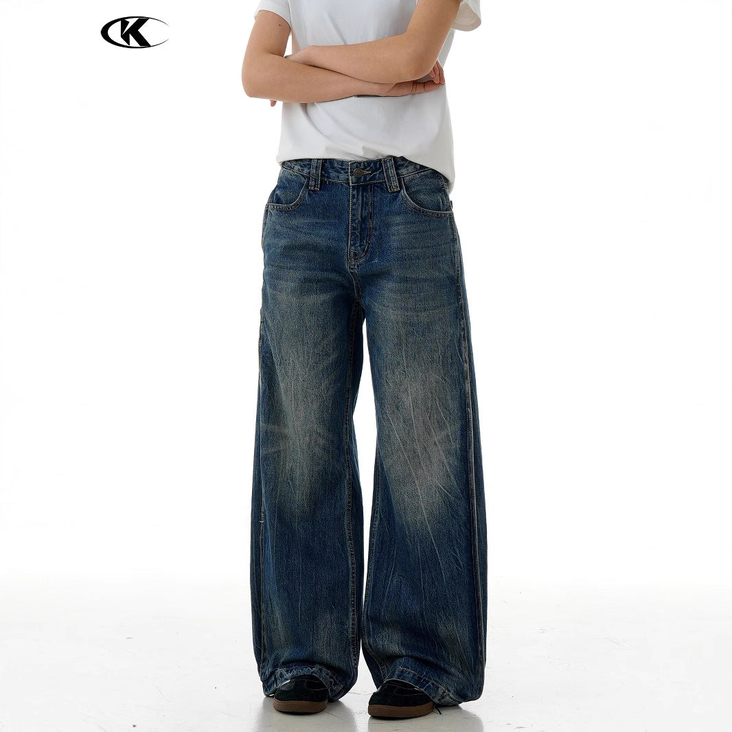High Street Loose Casual Washed Vintage Wide Leg Straight Long Trousers