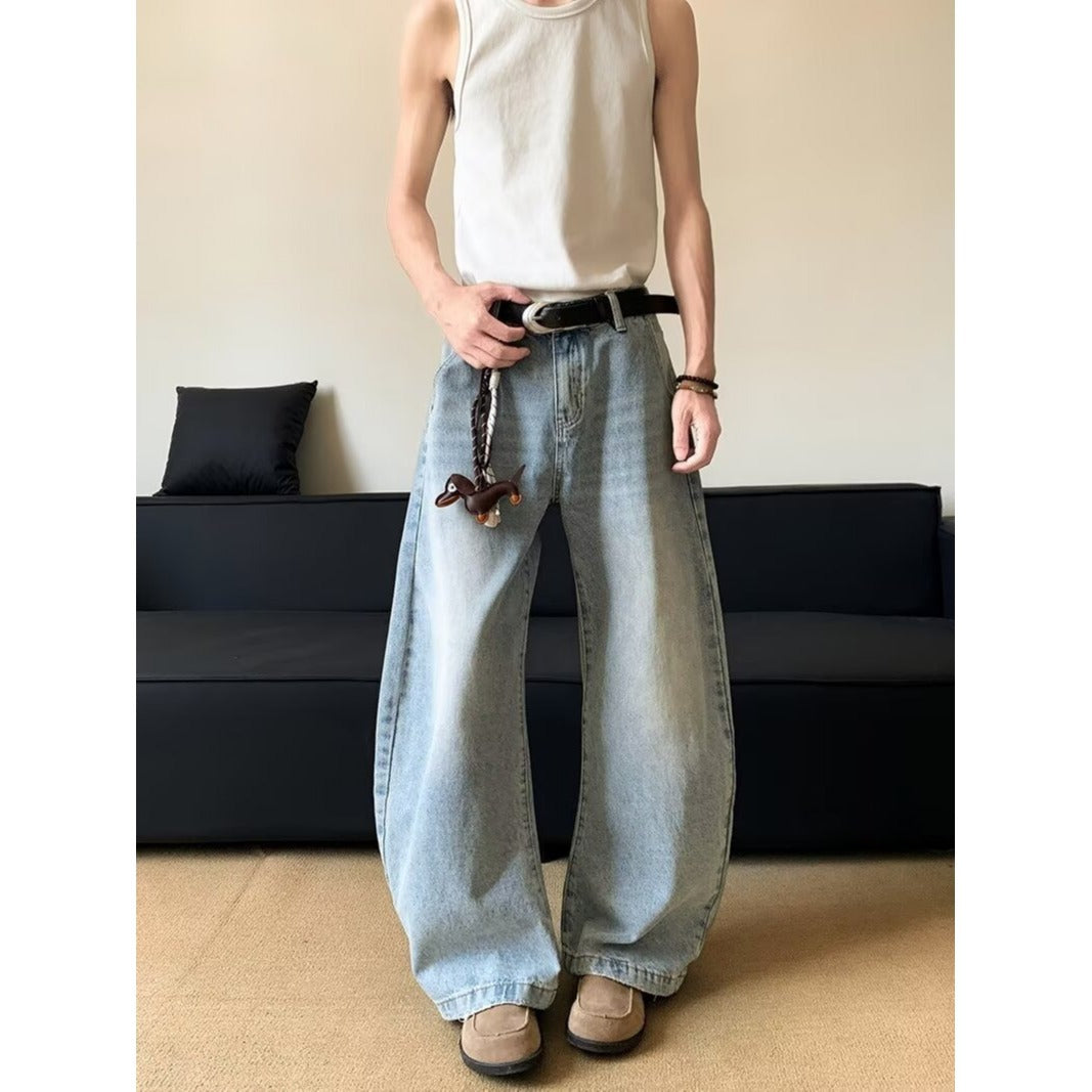 Washed Curved Knife Denim Loose Straight Leg Casual Pants