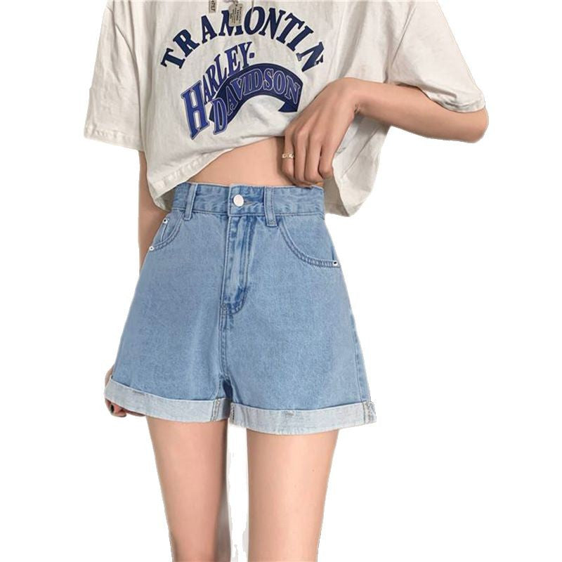 Casual Versatile Denim Shorts for Women - High Waist Slimming A-line Cuffed Style