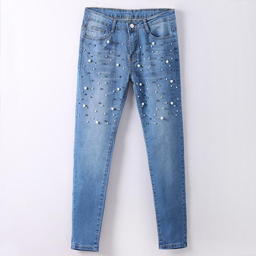 Denim Women Skinny Jeans with Pearls - Slim Fit Mid Waist Pencil Jeans