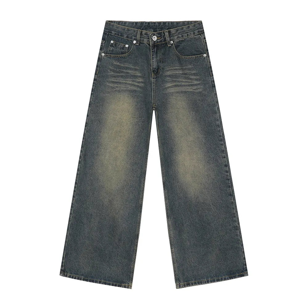 Washed Cat Whisker Straight Leg Jeans - Premium Japanese Denim