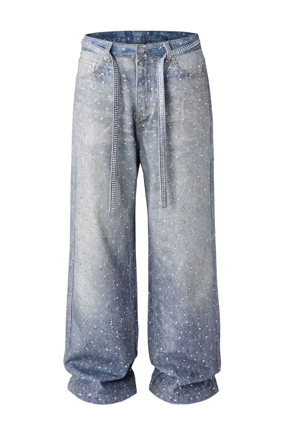 Washed Loose Wide Leg Printed Jeans with Full Diamond Drop Design