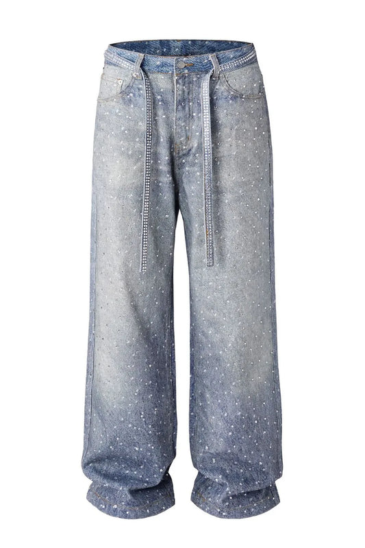 Washed Loose Wide Leg Printed Jeans with Full Diamond Drop Design