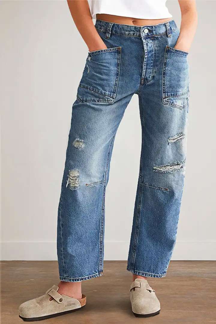 Broken Hole Straight Tube Casual Splicing Loose Jeans for Women