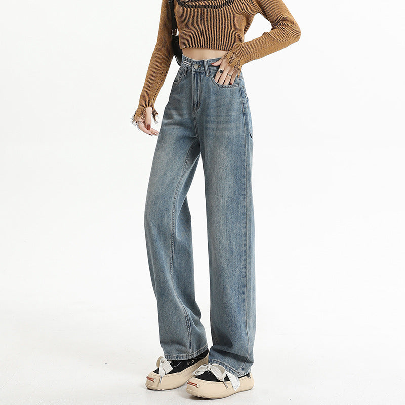 Women's High-Waist Washed Vintage Cement Grey Straight Pants