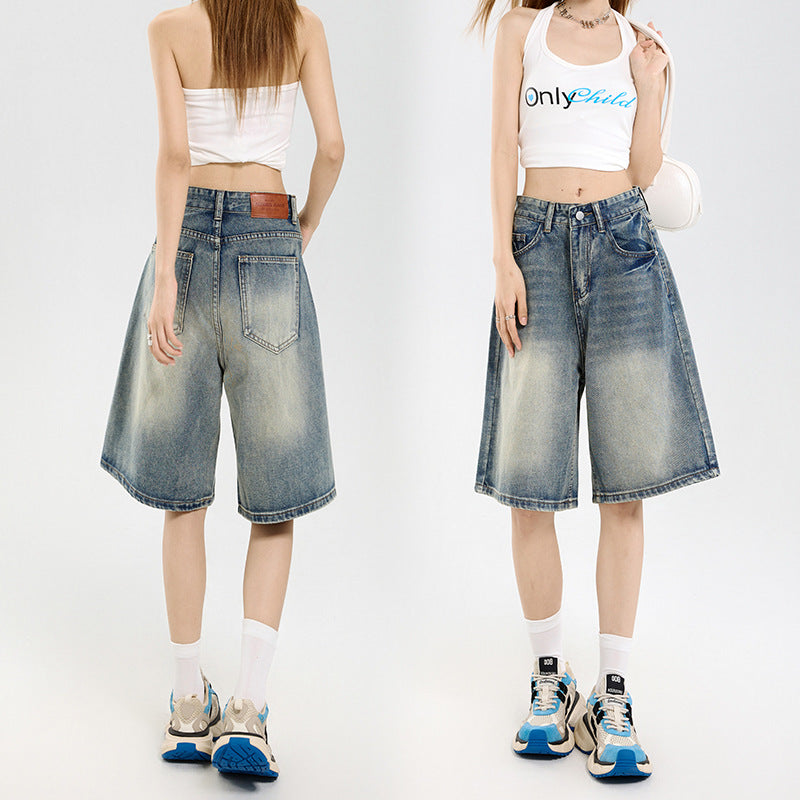 Women's Retro Denim Shorts - High Waist Slim Straight Leg Capri