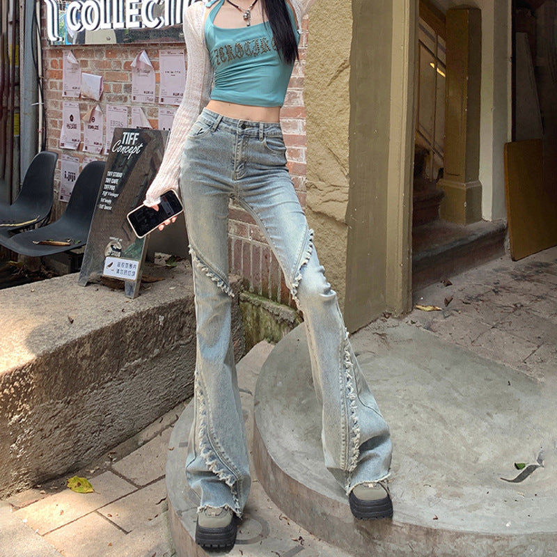 Design Sense High-Waist Frayed Hem Flare Jeans for Women - Slim Fit Versatile Denim Pants