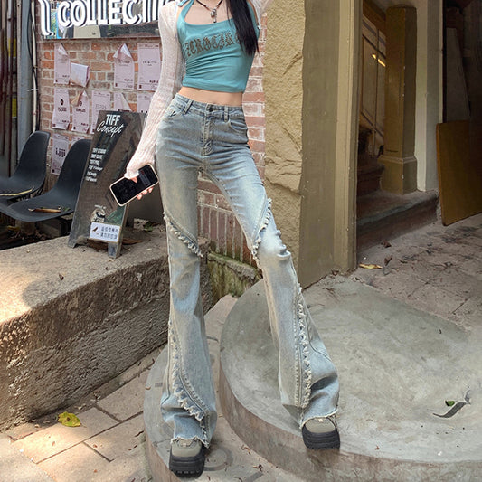 Design Sense High-Waist Frayed Hem Flare Jeans for Women - Slim Fit Versatile Denim Pants
