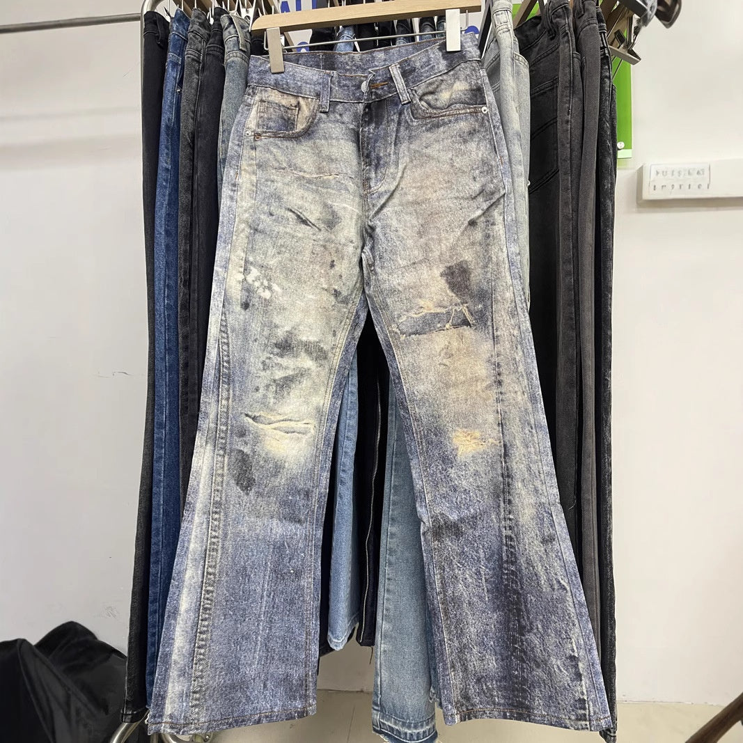 Digital Print Faded Denim Pants - Unisex Vintage Loose Straight Leg Flare Trousers