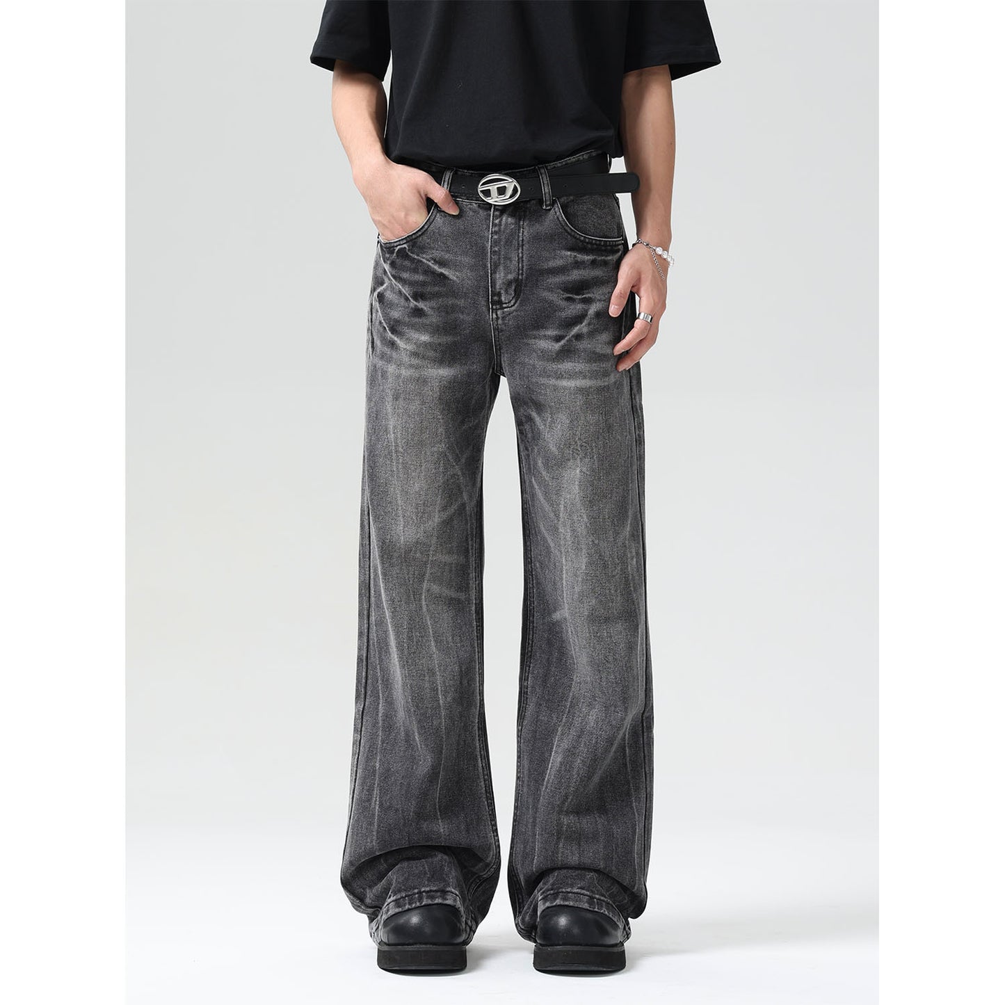 Washed Wide Leg High Street Denim Men's Loose Straight Leg Pants