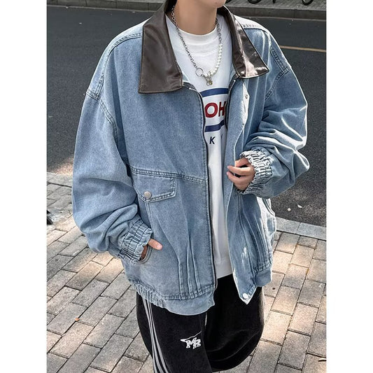 High Street Silhouette Washed Denim Color Blocked Lapel Jacket