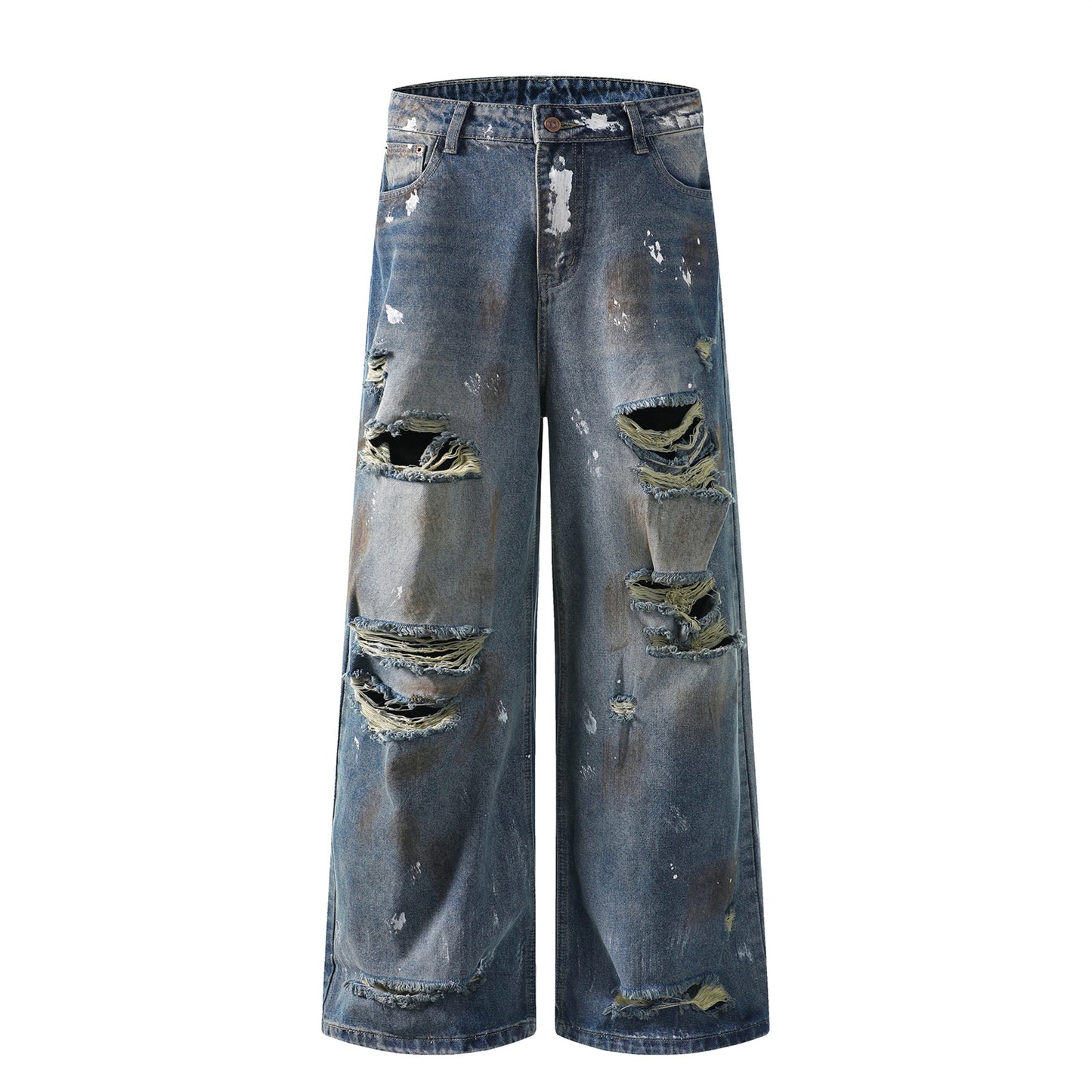 Streetwear Washed Distressed Mud-Dyed Denim Pants - Unisex Loose Casual Trousers