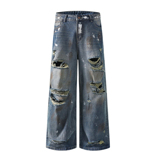 Streetwear Washed Distressed Mud-Dyed Denim Pants - Unisex Loose Casual Trousers